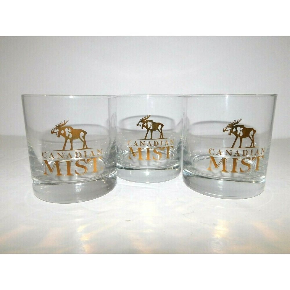 Set 3 Canada Mist Rye Whiskey MOOSE Low Ball Tumbler Glasses Gold Transfer NEW